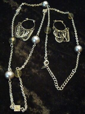 Cookie Lee Silver-Tone Beaded Necklace & Matching Hoop Earrings